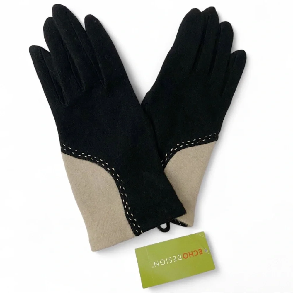 ECHO Design Black Oatmeal Knit Wool Cashmere Blend Winter Gloves Womens XL